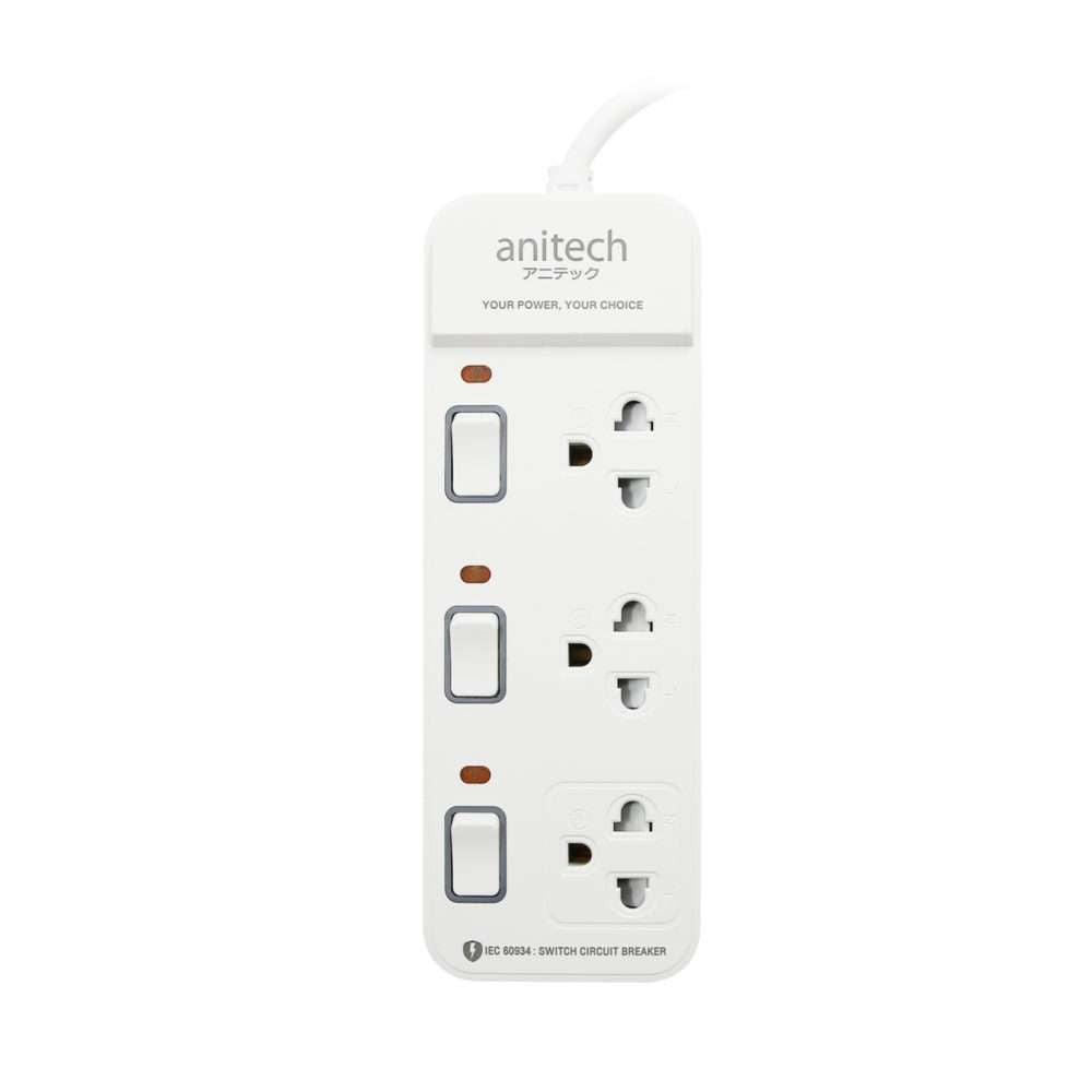 ANITECH H2233-PRO ปลั๊กไฟ 1 แถม 1 รุ่น 3 ช่อง 3 สวิช สายยาว 3 เมตร กำลังไฟ 2200W
