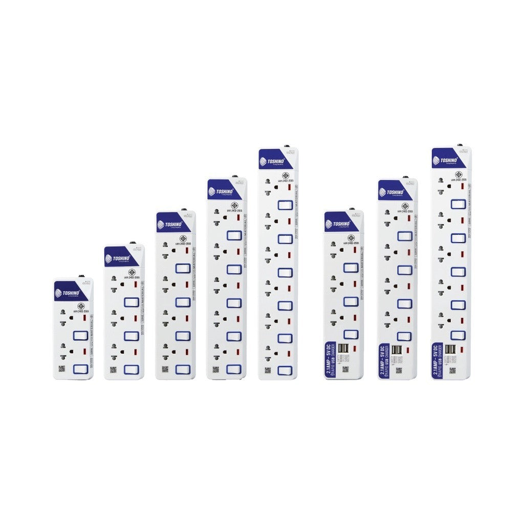 TOSHINO ET SERIES รางปลั๊กไฟ หลายตัวเลือก 3-6 ช่อง 2 USB สายยาว 3-5 เมตร รับประกัน 1 ปี