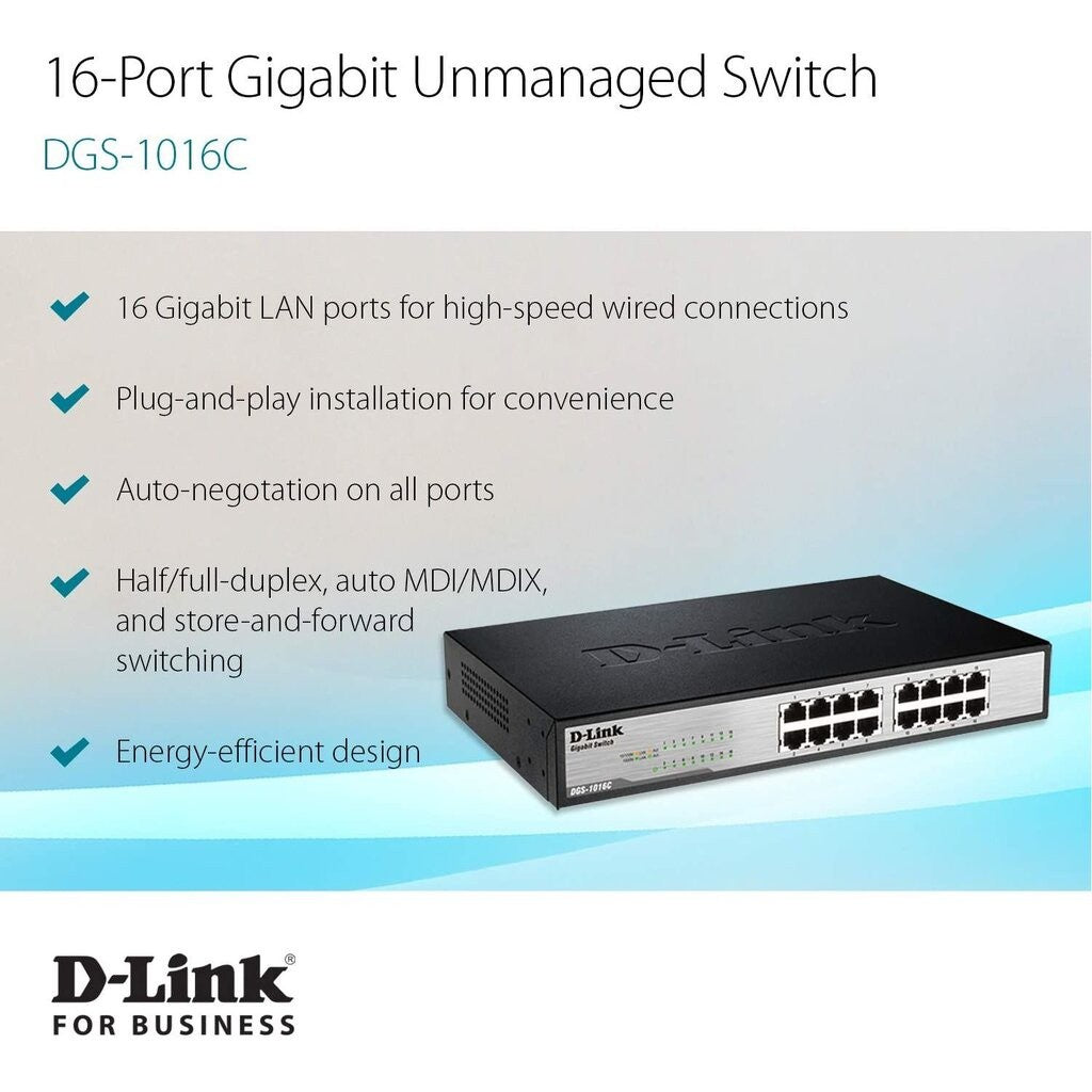 D-LINK DGS-1016C 16-PORT UNMANAGED GIGABIT SWITCH METAL RACKMOUNT