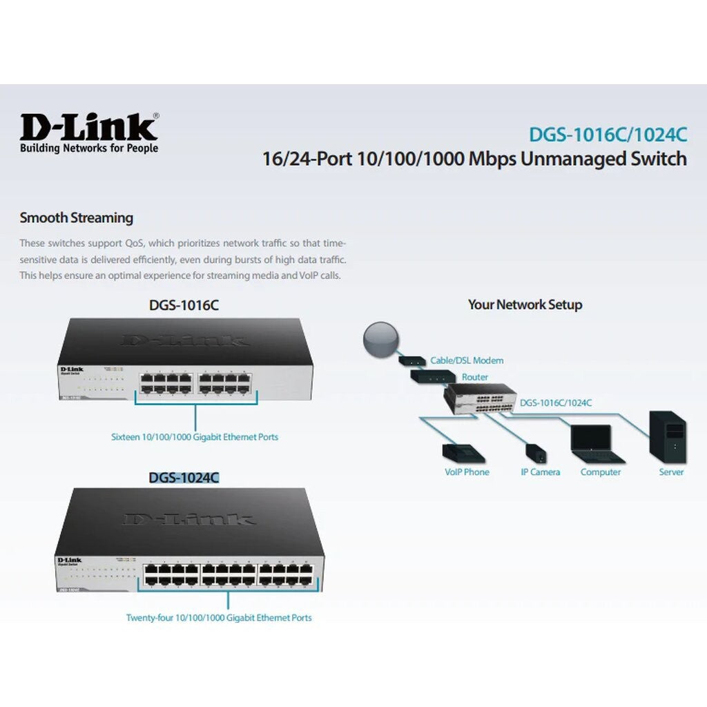D-LINK DGS-1016C 16-PORT UNMANAGED GIGABIT SWITCH METAL RACKMOUNT