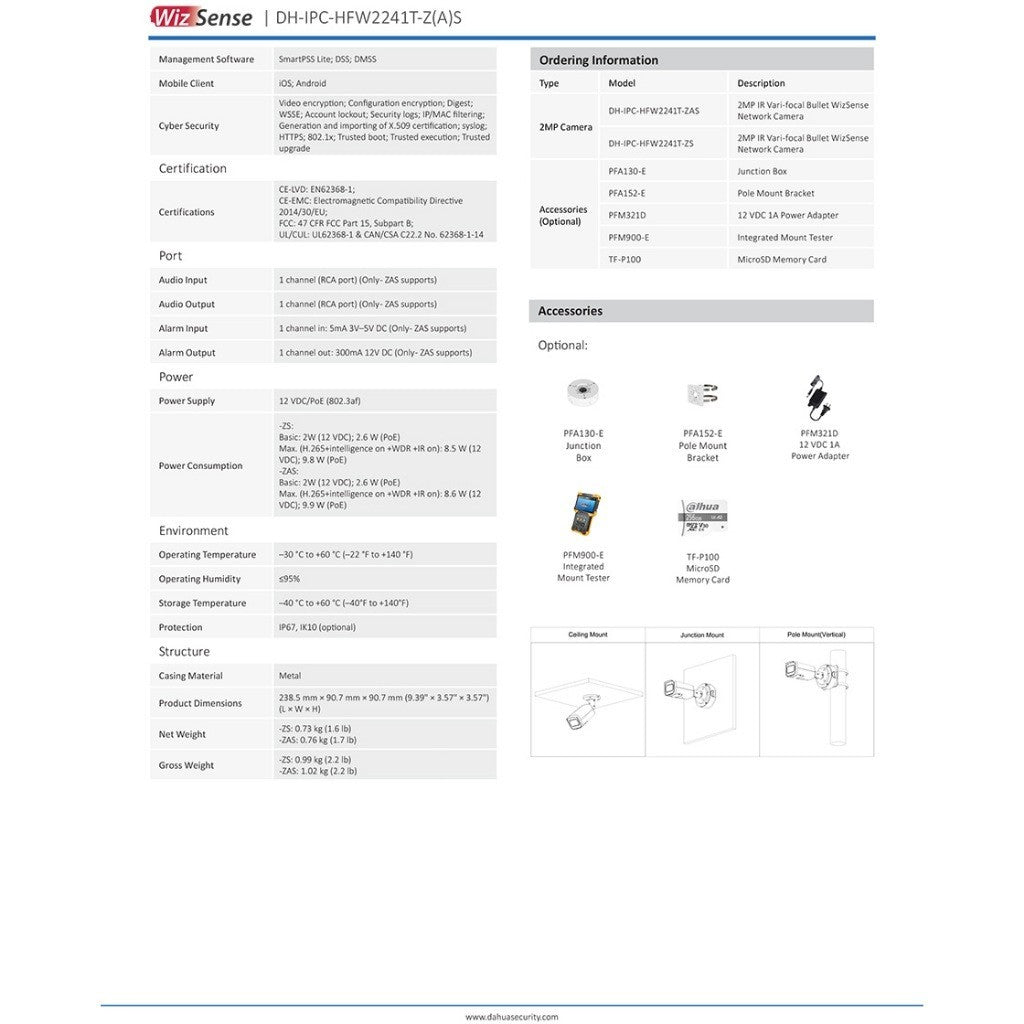 DAHUA DH-IPC-HFW2241T-ZAS  กล้องวงจรปิด ระบบ IP CAMERA 2MP IR Vari-focal WizSense Network Camera