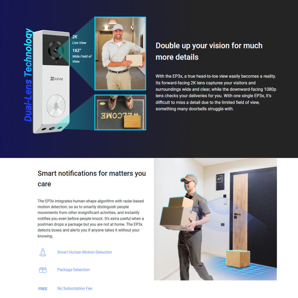 EZVIZ EP3x 2K (3MP) Battery- Powered Video Doorbell Kit มีกริ่ง Wi-Fi ในตัว แบตเตอรี่ลิเธียมแบบชาร์จ