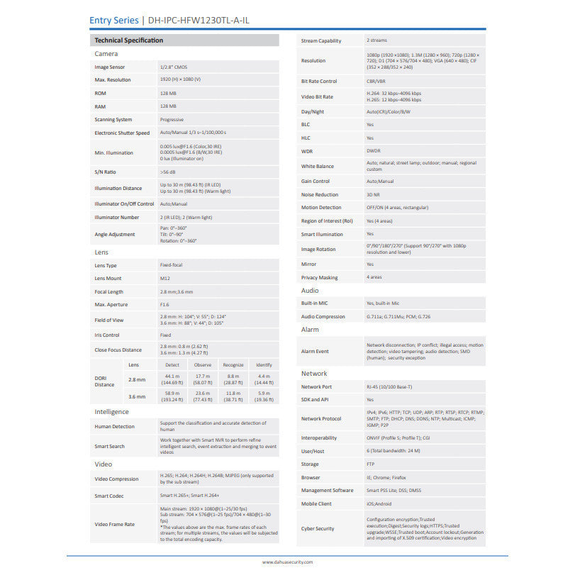 DAHUA DH-IPC-HDW1239V-A-IL-3.6mm 2MP Smart Dual Light Fixed-focal Bullet Network Camera