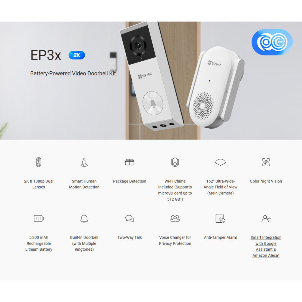 EZVIZ EP3x 2K (3MP) Battery- Powered Video Doorbell Kit มีกริ่ง Wi-Fi ในตัว แบตเตอรี่ลิเธียมแบบชาร์จ