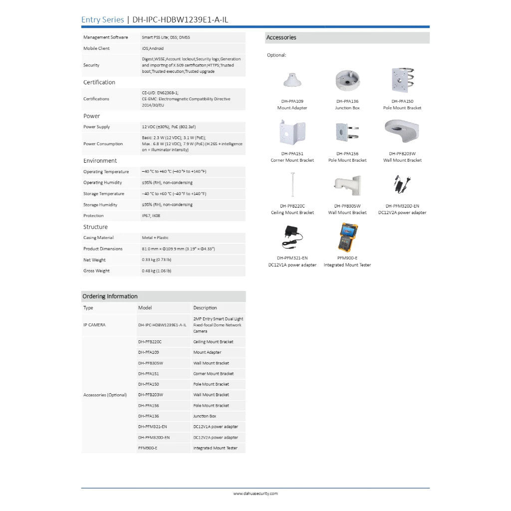 DAHUA IPC-HDBW1239E1-A-IL-2.8mm 2MP รองรับการตรวจจับมนุษย์ มีไมโครโฟนในตัว การป้องกัน IP67 และ IK08