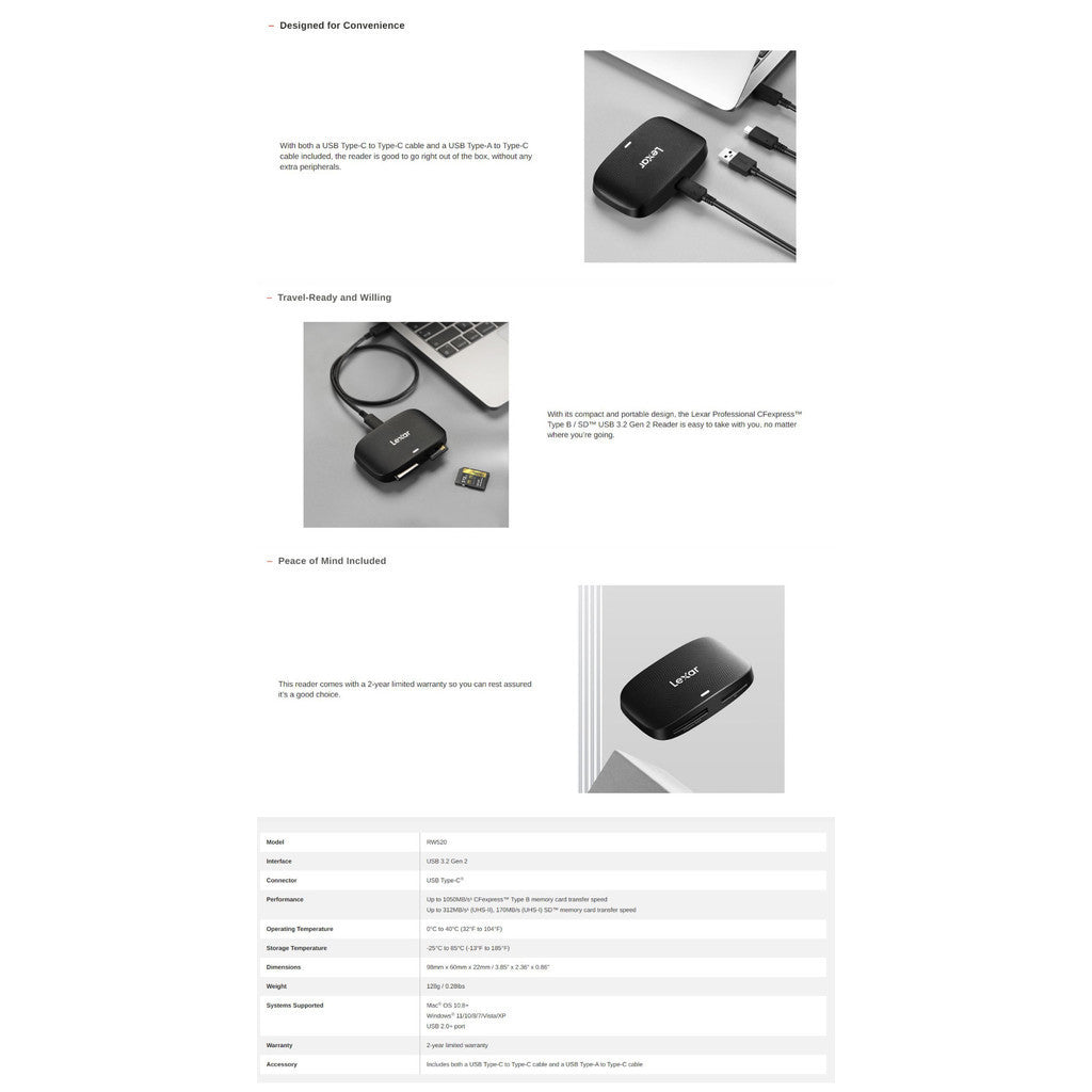 LEXAR PROFRESSIONAL CFEXPRESS TYPE B/SD USB 3.2 GEN 2 LXR-LRW520U รับประกัน 2 ปี