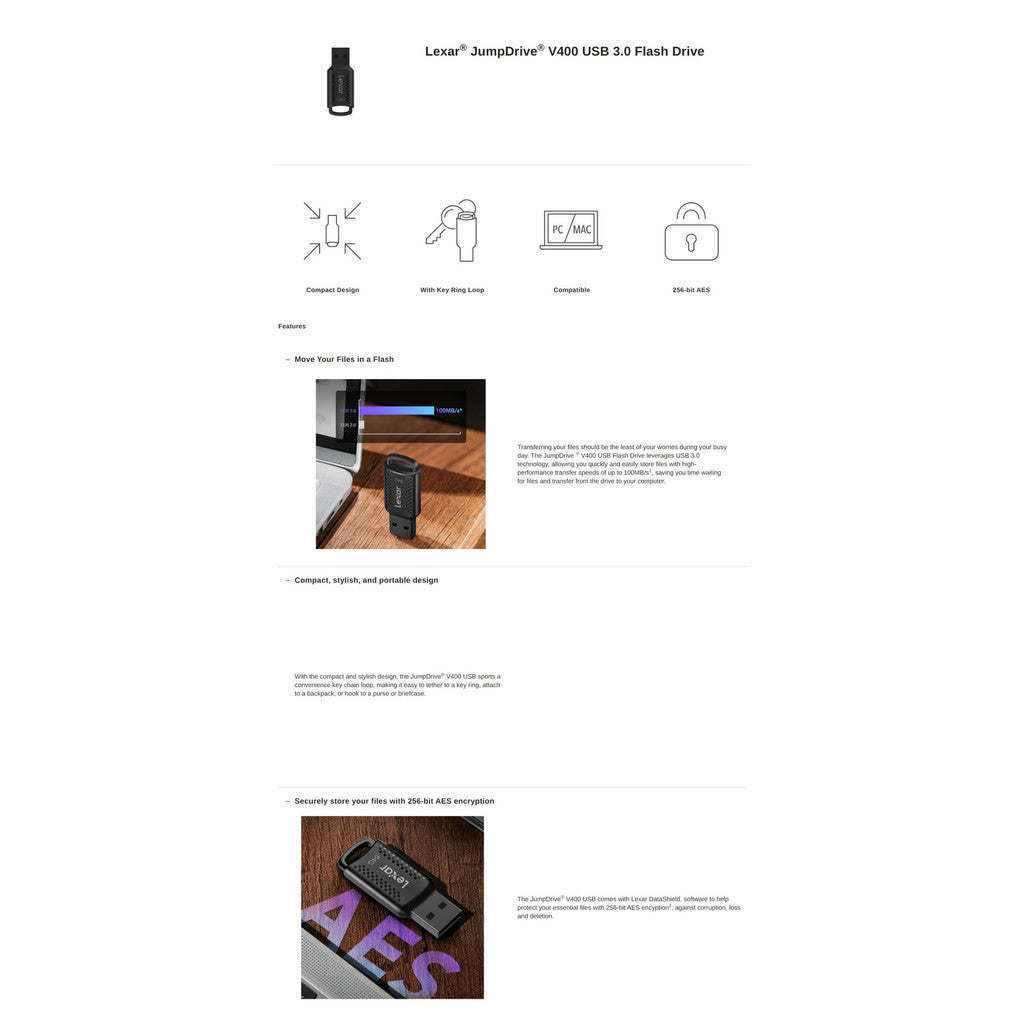 Lexar V400 32-64GB USB 3.0 Flash Drive (แฟลชไดรฟ์) Plug-and-Play รับประกัน 5 ปี
