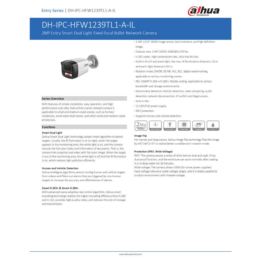 DAHUA HFW1239TL1-A-IL-3.6mm กล้องวงจรปิด CCTV IP Cemare ความละะเอียด 2MP มีไมโครโฟน ภาพสี 24ชม.
