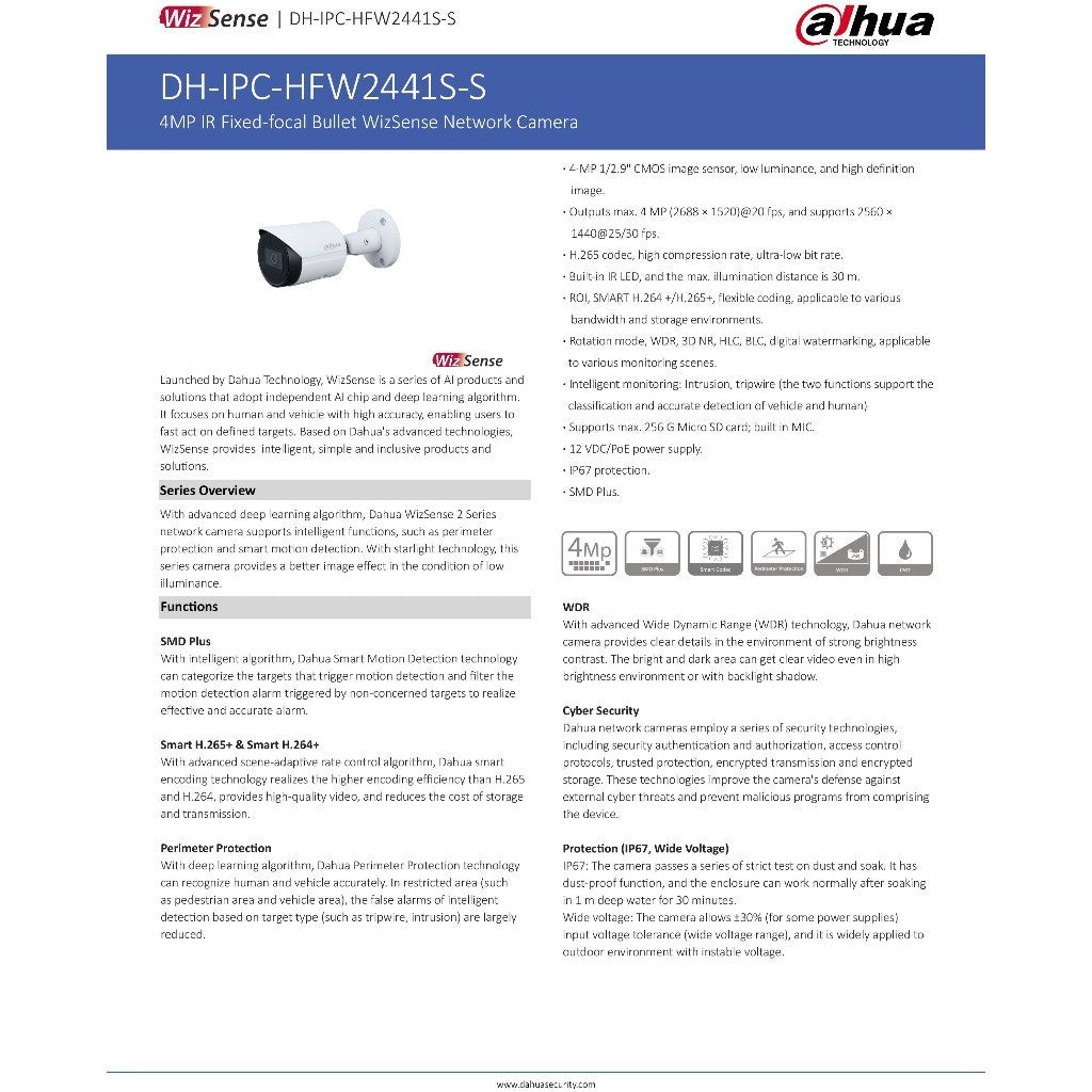 DAHUA DH-IPC-HFW2441S-S กล้องวงจรปิดระบบIP 4MP มีไมค์ในตัว POE IR Fixed-focal Bullet WizSenseNetwork