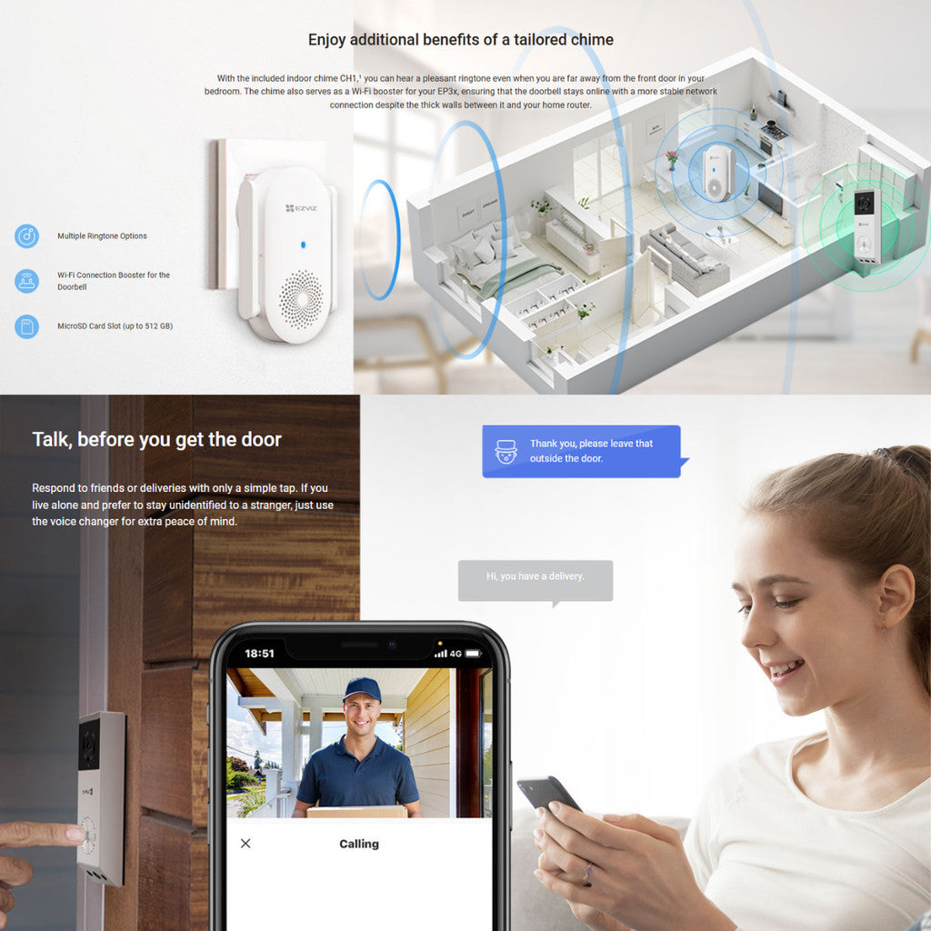 EZVIZ EP3x 2K (3MP) Battery- Powered Video Doorbell Kit มีกริ่ง Wi-Fi ในตัว แบตเตอรี่ลิเธียมแบบชาร์จ