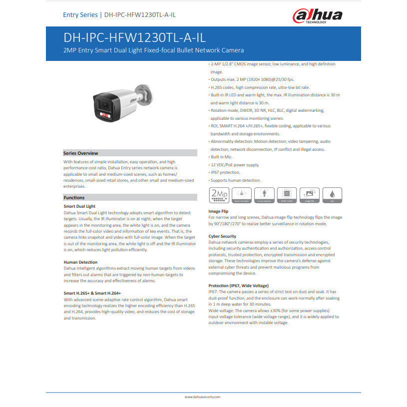 DAHUA DH-IPC-HDW1239V-A-IL-3.6mm 2MP Smart Dual Light Fixed-focal Bullet Network Camera
