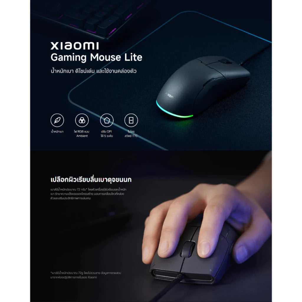 Xiaomi Gaming Mouse Lite เม้าเกมมิ่ง เมาส์มีสาย ปรับ DPI สูงสุด 6200 ตอบสนอง 1 ms ไฟ RGB สวิตช์ไมโคร TTC