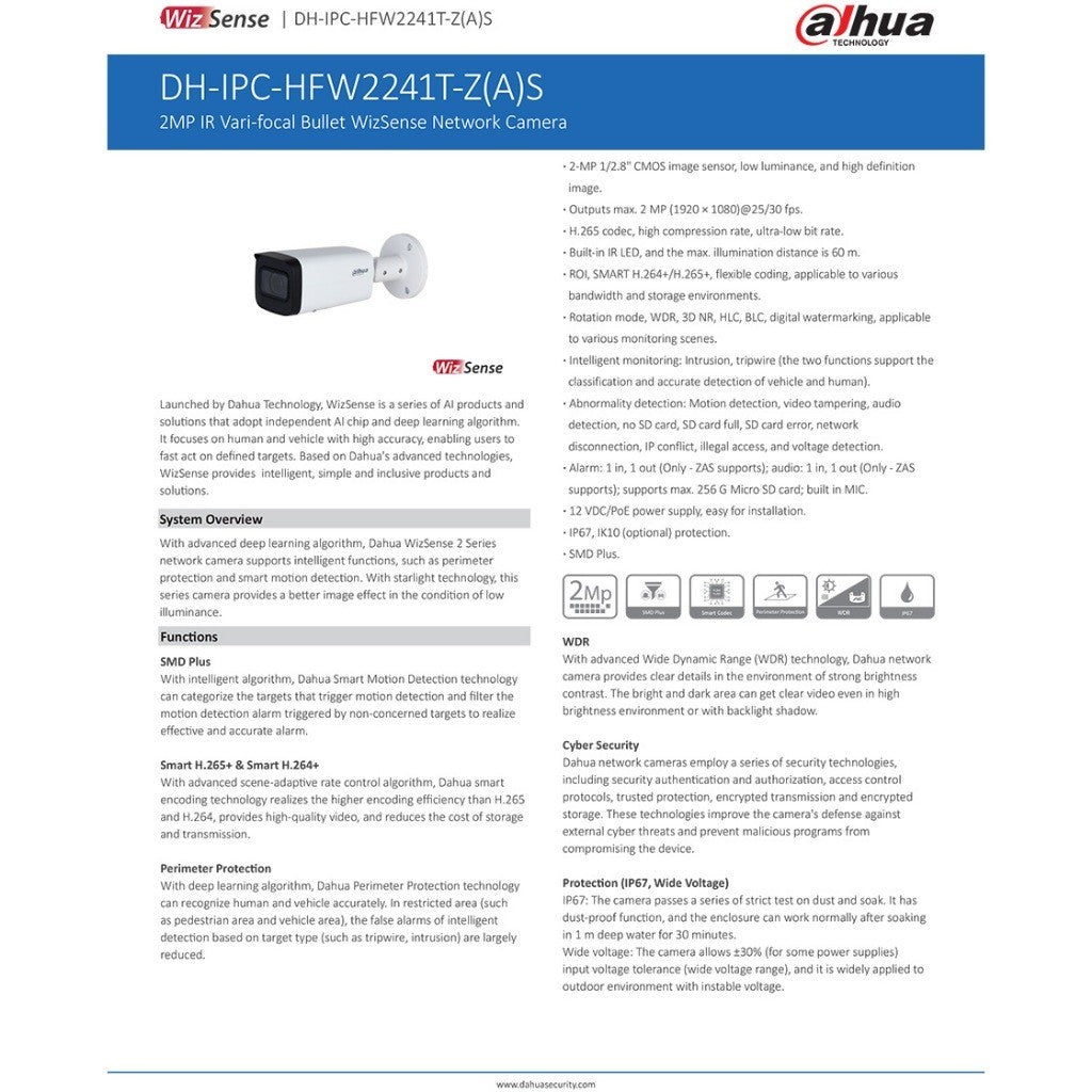 DAHUA DH-IPC-HFW2241T-ZAS  กล้องวงจรปิด ระบบ IP CAMERA 2MP IR Vari-focal WizSense Network Camera