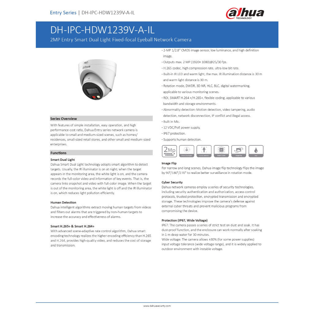 DAHUA IPC-HDW1239V-A-IL-2.8mm 2MP กล้องวงจรปิด SmartDualLight Fixed-focal Network Camera