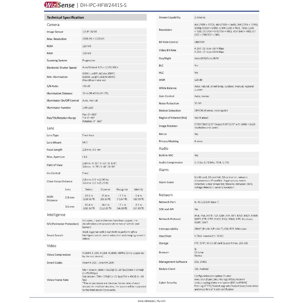 DAHUA DH-IPC-HFW2441S-S กล้องวงจรปิดระบบIP 4MP มีไมค์ในตัว POE IR Fixed-focal Bullet WizSenseNetwork