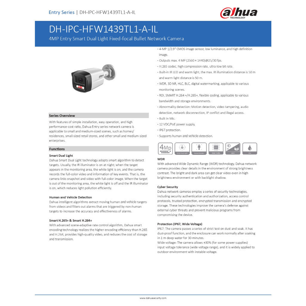 DAHUA DH-IPC-HFW1439TL1-A-IL-2.8mm กล้องวรจรปิด IP Camera 4MP Smart Dual Light มีไมโครโฟนในตัว