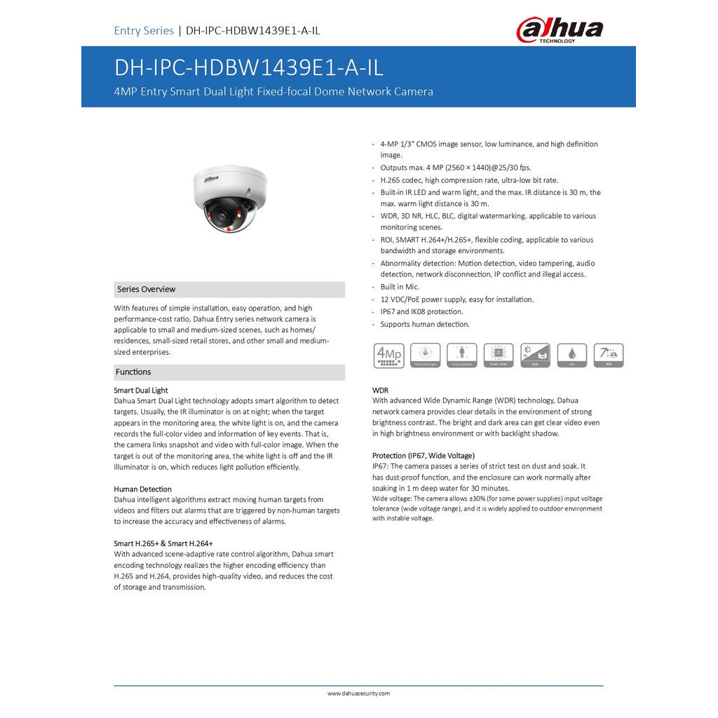 DAHUA HDBW1439E1-A-IL-3.6mm กล้องโดมภาพความคมชัด 4MP มีไมค์ในตัว มาพร้อมไฟส่องสว่างอัจฉริยะ