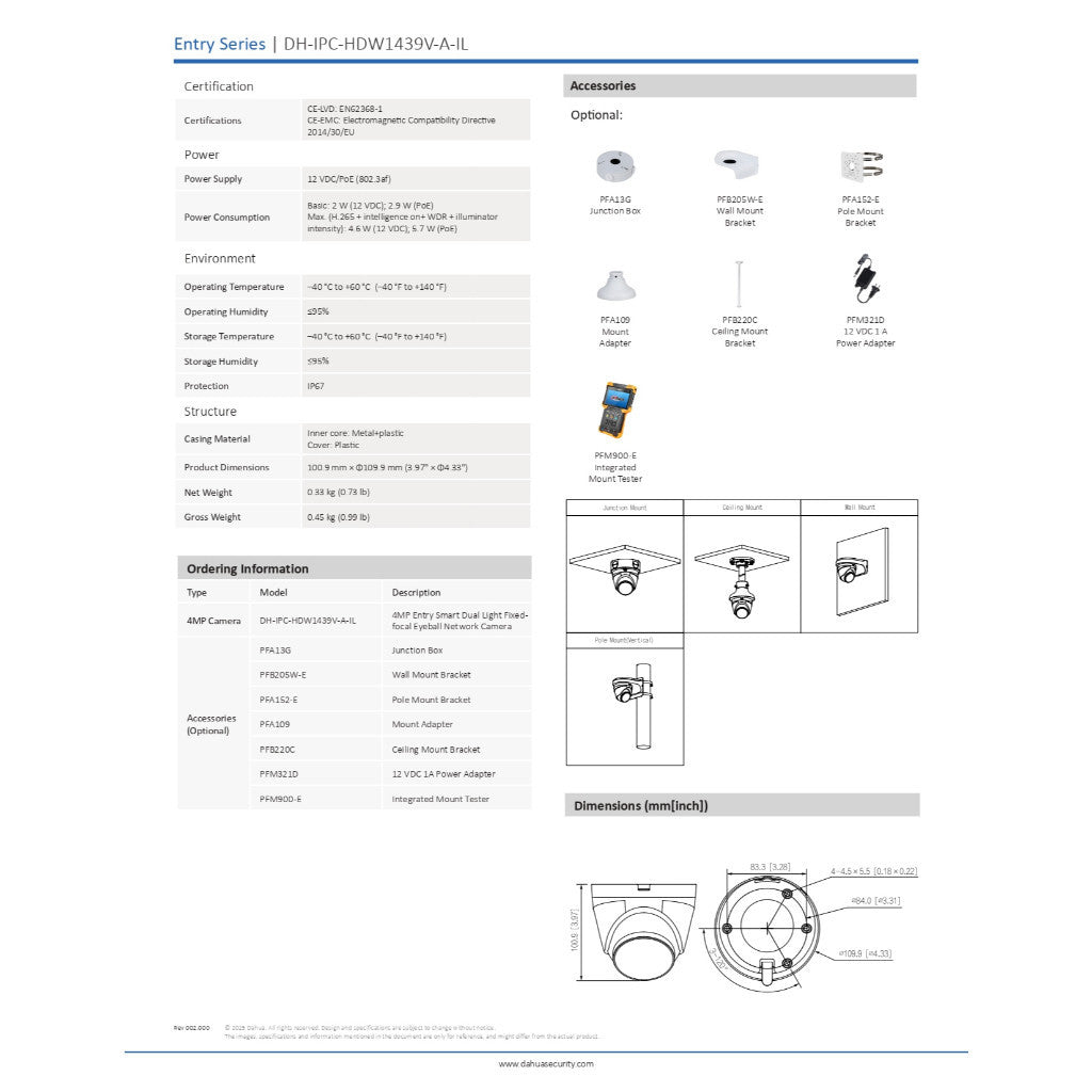 DAHUA DH-IPC-HDW1439V-A-IL 2.8mm กล้องวงจรปิด IP Camera 4MP Smart Dual Light มีไมค์ในตัว