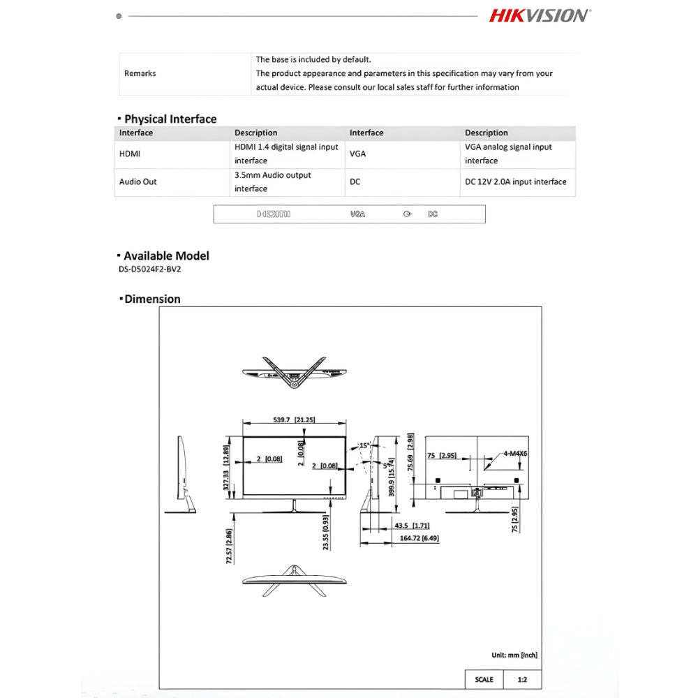 HIKVISION MONITOR (จอคอม 23.8'') DS-D5024F2-BV2 100Hz - A0169181 รับประกัน 3 ปี