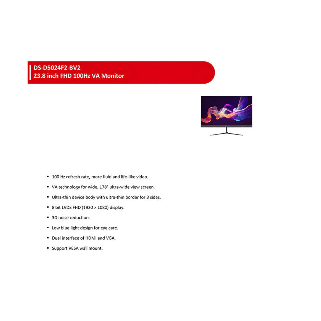 HIKVISION MONITOR (จอคอม 23.8'') DS-D5024F2-BV2 100Hz - A0169181 รับประกัน 3 ปี