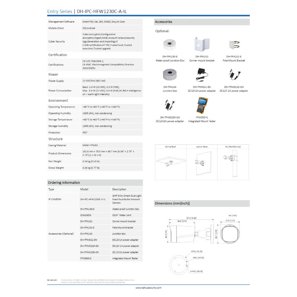 DAHUA IPC-HFW1230C-A-IL 2.8mm กล้องวงจรปิด Smart Dual Light 2MP PoE มีไมโครโฟนในตัว 12VDC/PoE