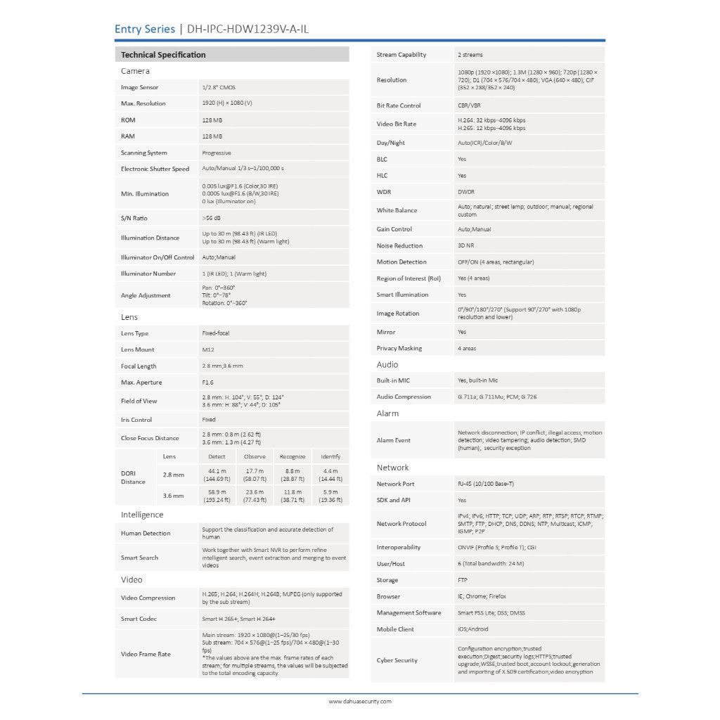 DAHUA IPC-HDW1239V-A-IL-2.8mm 2MP กล้องวงจรปิด SmartDualLight Fixed-focal Network Camera