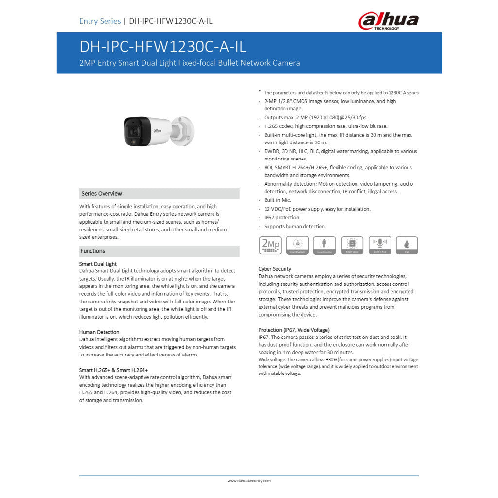 DAHUA IPC-HFW1230C-A-IL 2.8mm กล้องวงจรปิด Smart Dual Light 2MP PoE มีไมโครโฟนในตัว 12VDC/PoE