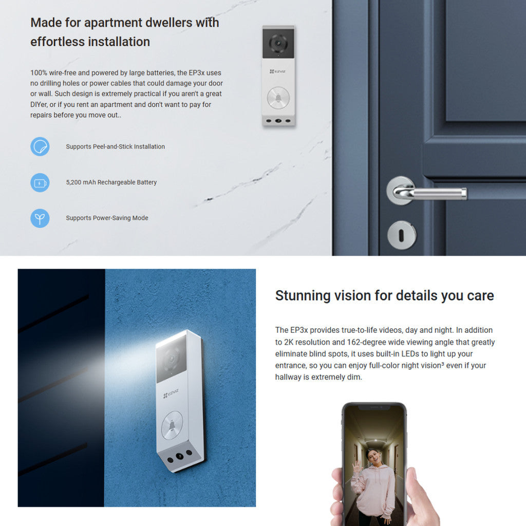 EZVIZ EP3x 2K (3MP) Battery- Powered Video Doorbell Kit มีกริ่ง Wi-Fi ในตัว แบตเตอรี่ลิเธียมแบบชาร์จ