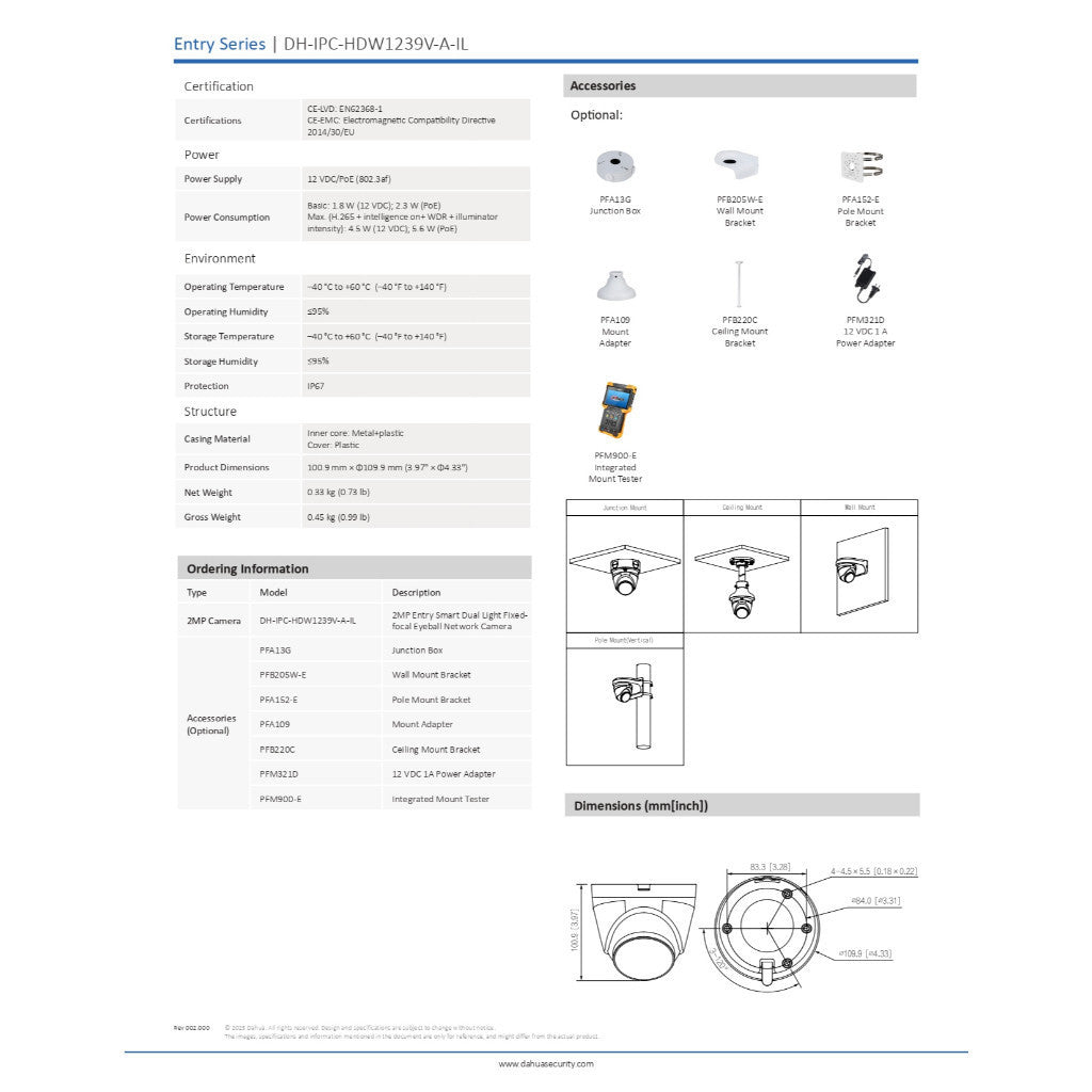 DAHUA IPC-HDW1239V-A-IL-2.8mm 2MP กล้องวงจรปิด SmartDualLight Fixed-focal Network Camera