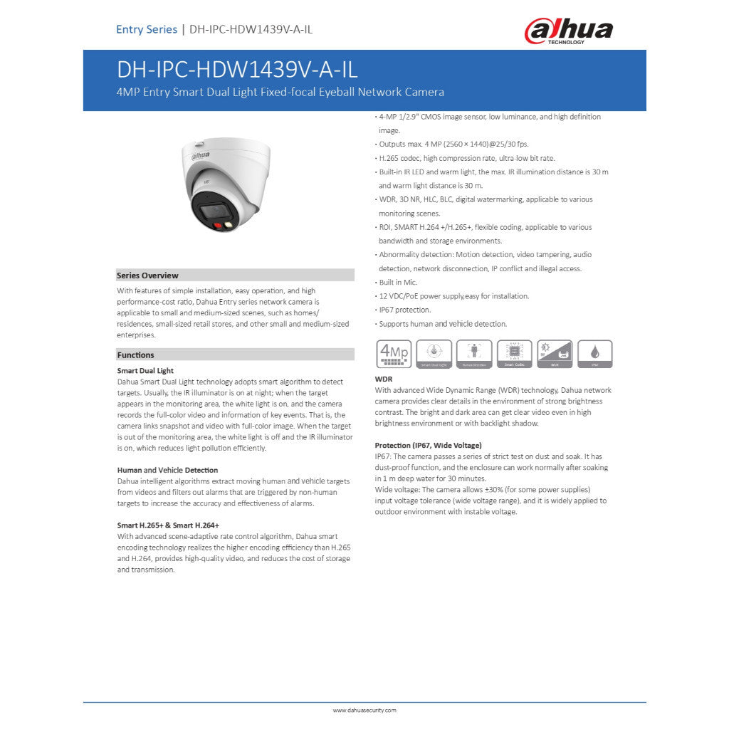 DAHUA DH-IPC-HDW1439V-A-IL 2.8mm กล้องวงจรปิด IP Camera 4MP Smart Dual Light มีไมค์ในตัว