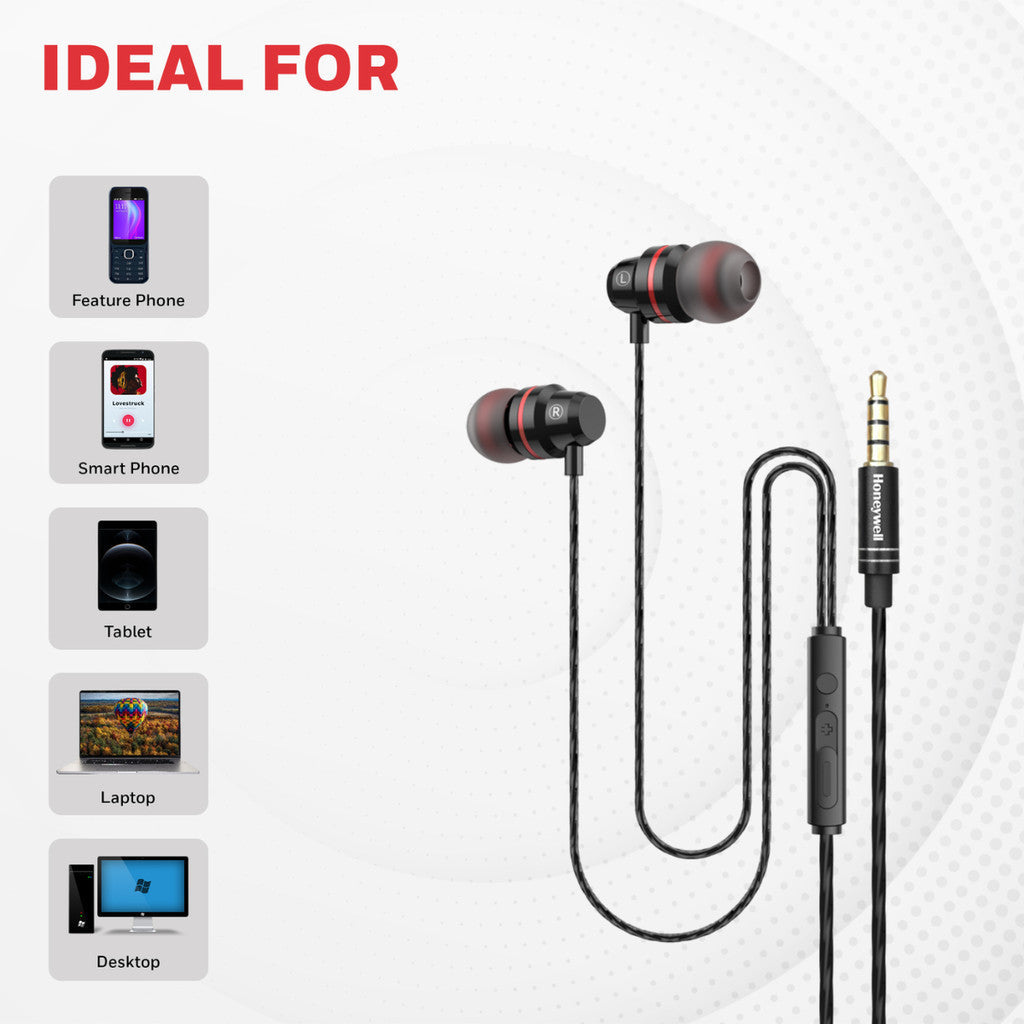 Honeywell Moxie V50 Wired Earphones 3.5 Black หูฟังอินเอียร์แบบมีสาย เสียงคุณภาพสูง ไมค์ในตัว รับประกัน 1 ปี