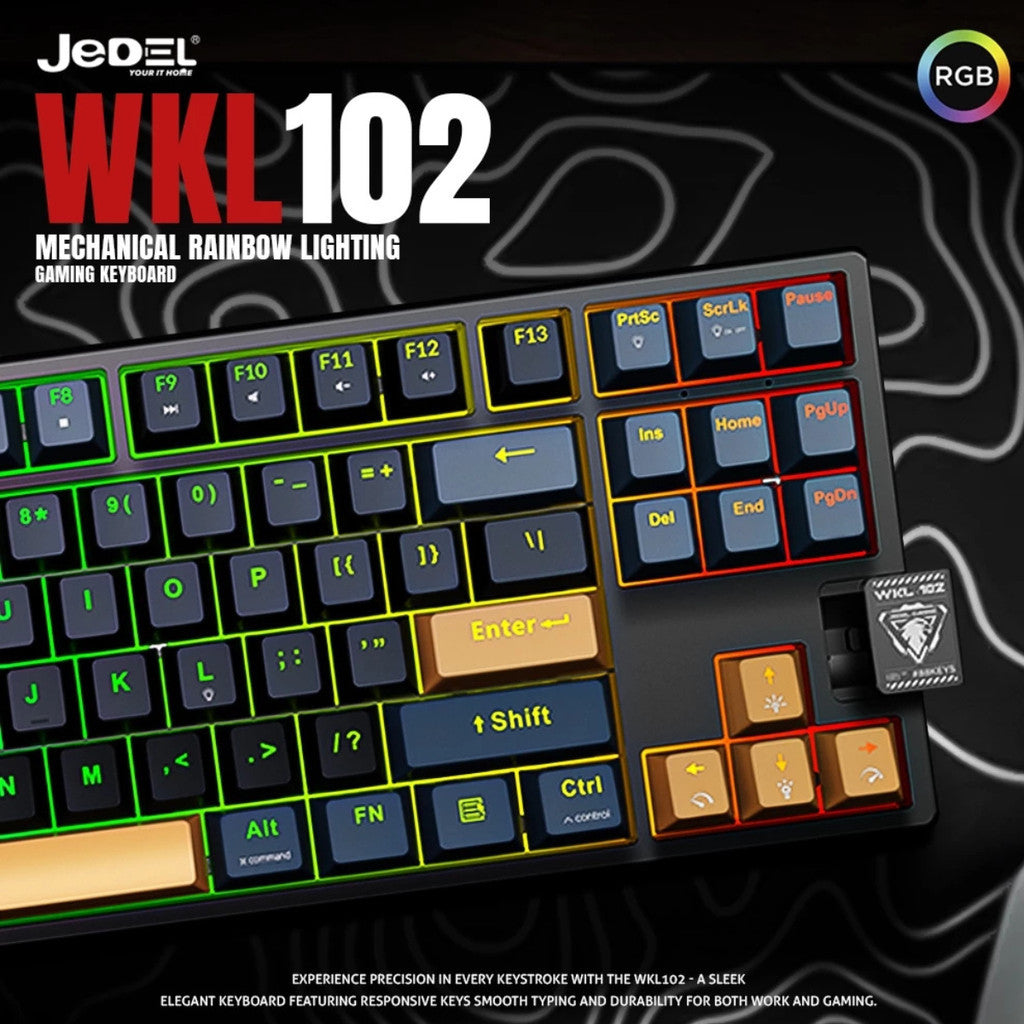 JEDEL WKL-102 คีย์บอร์ดเกมมิ่ง แมคคานิคอล 88ปุ่ม บลูสวิตซ์ คีย์ENG แถมคีย์ไทย ไฟRainbow แบต400 Trimode
