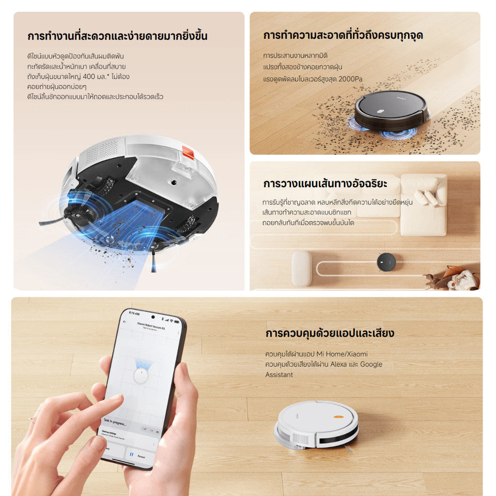 Xiaomi Robot Vacuum E5 หุ่นยนต์ดูดฝุ่น แบตเตอรี่ความจุสูง 2600mAh พลังดูด 2000Pa ขนาดเล็ก และทรงพลัง