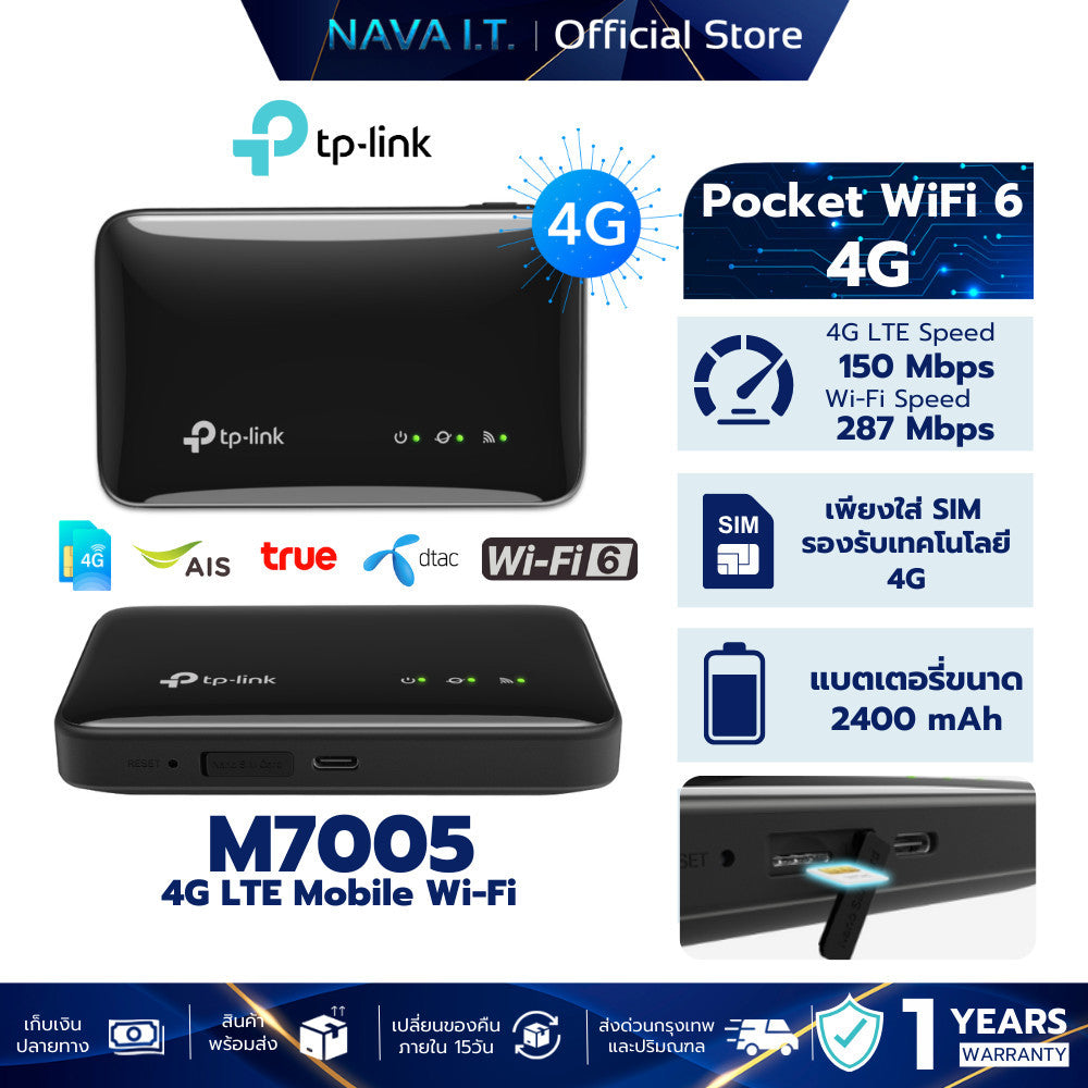 TP -Link M7005 4G LTE ตัวขยายสัญญาณ Wi-Fi แบบพกพา รับประกันศูนย์ไทย 1 ปี