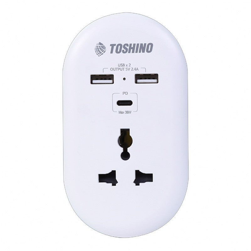 Toshino DE-3UPD PD CHARGER ปลั๊กแปลง 1ช่อง 2USB PD 38W (Type-C) ระบบป้องกันไฟ ขาปลั๊กพับได้ ปลั๊กพ่วง
