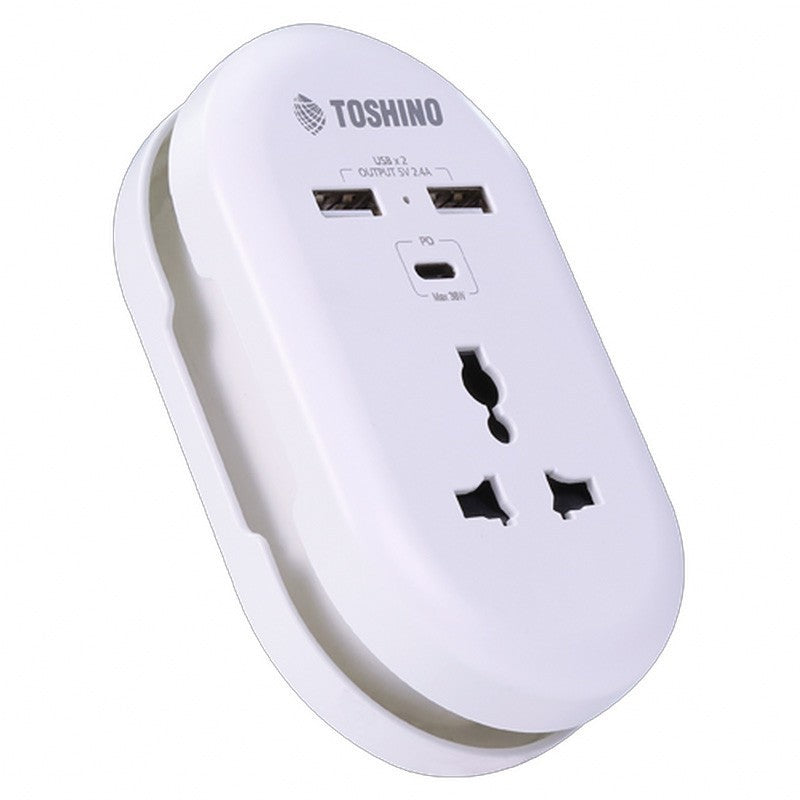 Toshino DE-3UPD PD CHARGER ปลั๊กแปลง 1ช่อง 2USB PD 38W (Type-C) ระบบป้องกันไฟ ขาปลั๊กพับได้ ปลั๊กพ่วง