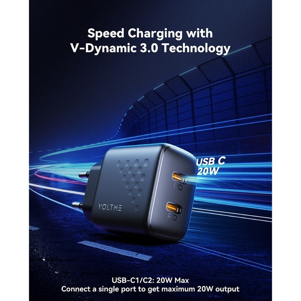 VOLTME ADAPTER CHARGER(อะแดปเตอร์) REVO 20W DUO LITE 2xUSB-C V2019TH Black รับประกัน 2 ปี