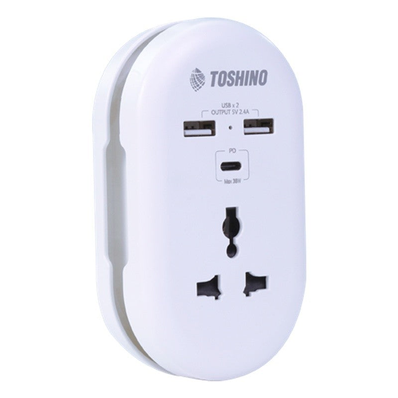 Toshino DE-3UPD PD CHARGER ปลั๊กแปลง 1ช่อง 2USB PD 38W (Type-C) ระบบป้องกันไฟ ขาปลั๊กพับได้ ปลั๊กพ่วง