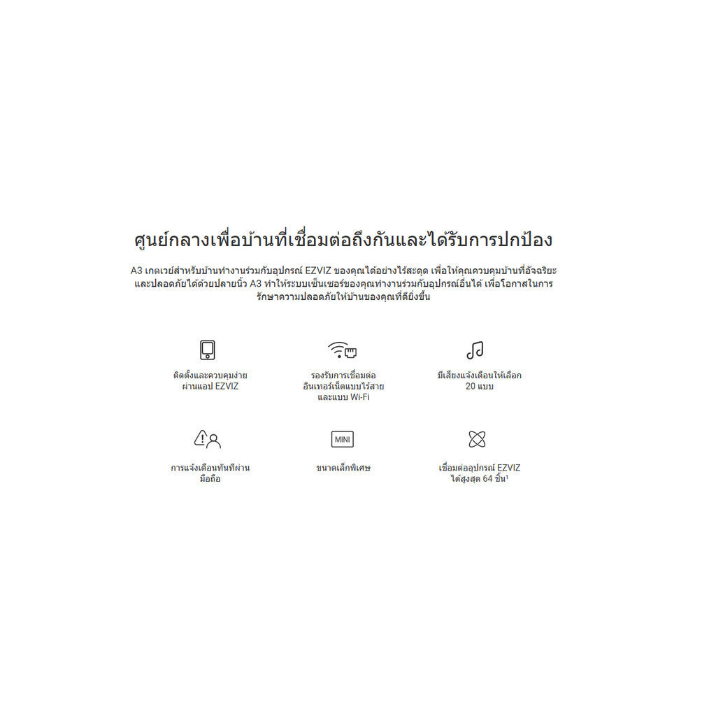 EZVIZ A3 ศูนย์กลางการเชื่อมต่อภายในบ้าน เชื่อมต่อได้มากกว่า 64อุปกรณ์ มีเสียงสัญญาณเตือน