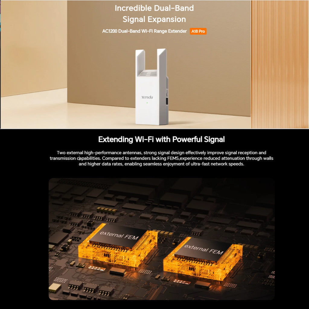 TENDA A18 PRO AC1200 Dual-Band Wi-Fi Range Extender ตัวขยายช่วง สัญญาณ รับประกัน 3 ปี