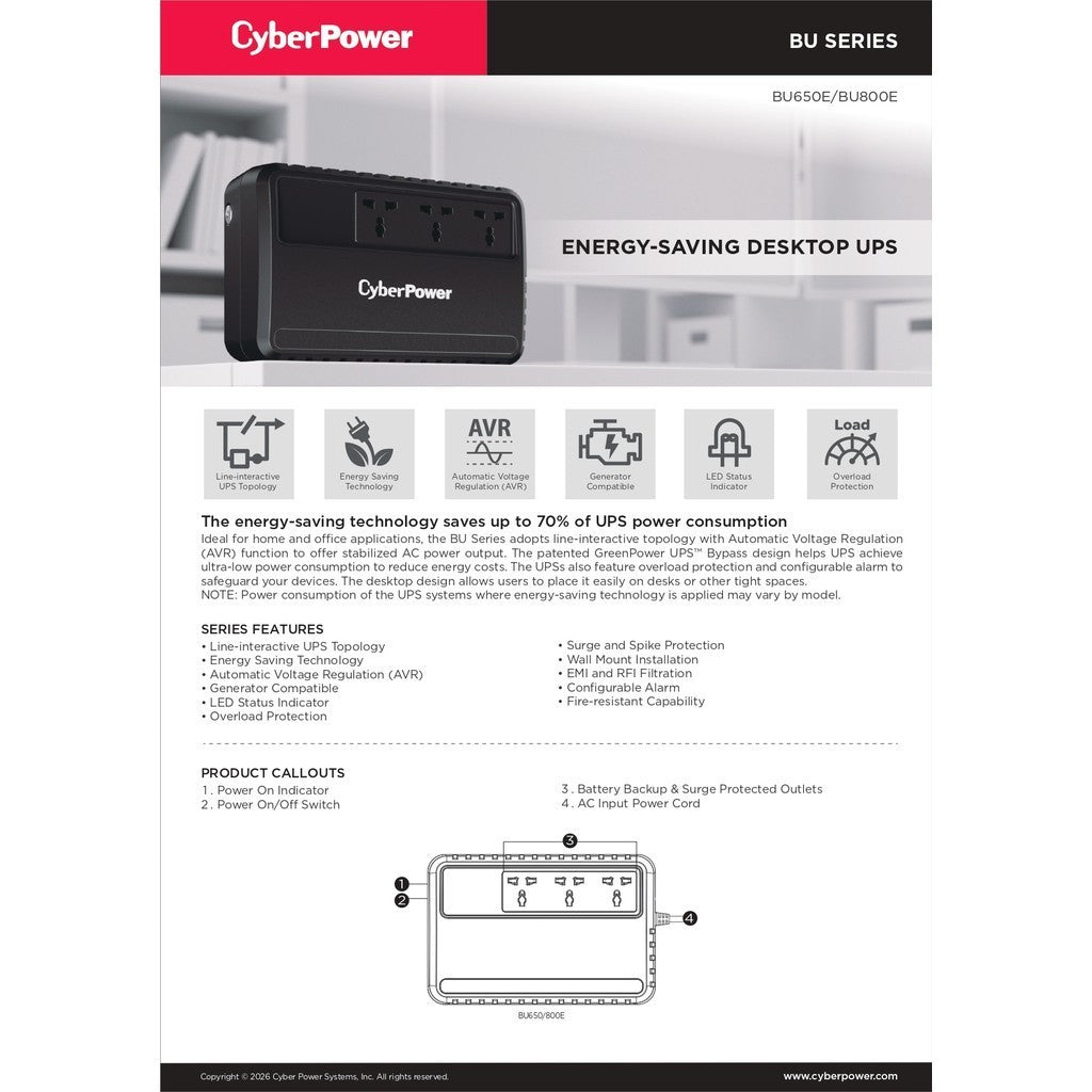 CyberPower UPS เครื่องสำรองไฟฟ้า CBP-BU650E / CBP-BU800E / CBP-BU1000EA  รับประกัน 2 ปี