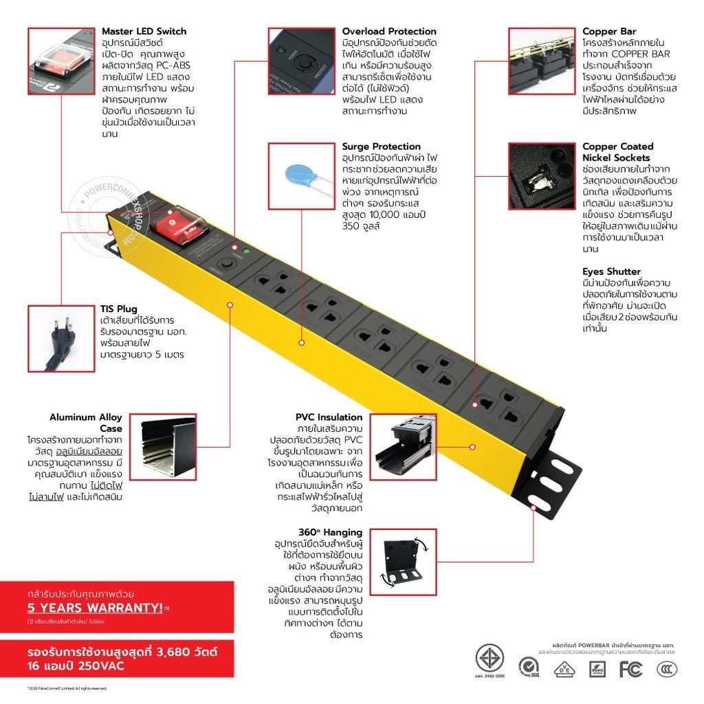 PowerconneX Double Protection  PXC5PHTTS-TS05-5 ปลั๊กไฟ 5 ช่อง สายยาว 5 เมตร ประกัน 5 ปี