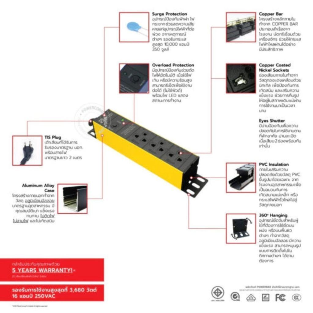 Powerconnex ปลั๊กไฟ 3 ช่อง แบบเลือกสี PXC5PHTTO-TS03 รับประกัน 5 ปี