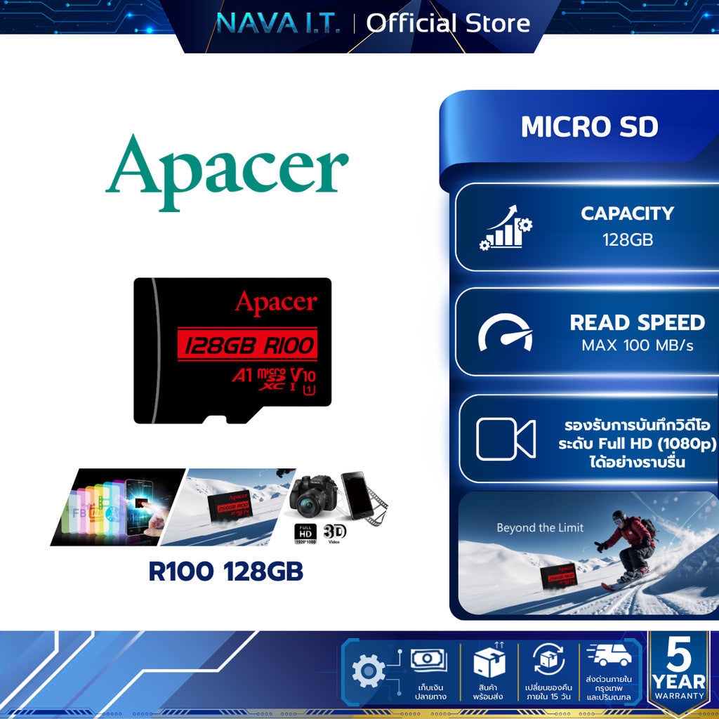APACER MICROSD (ไมโครเอสดี) R100 128GB (AP128GMCSX10UB-R) WARANTY 5 YEAR