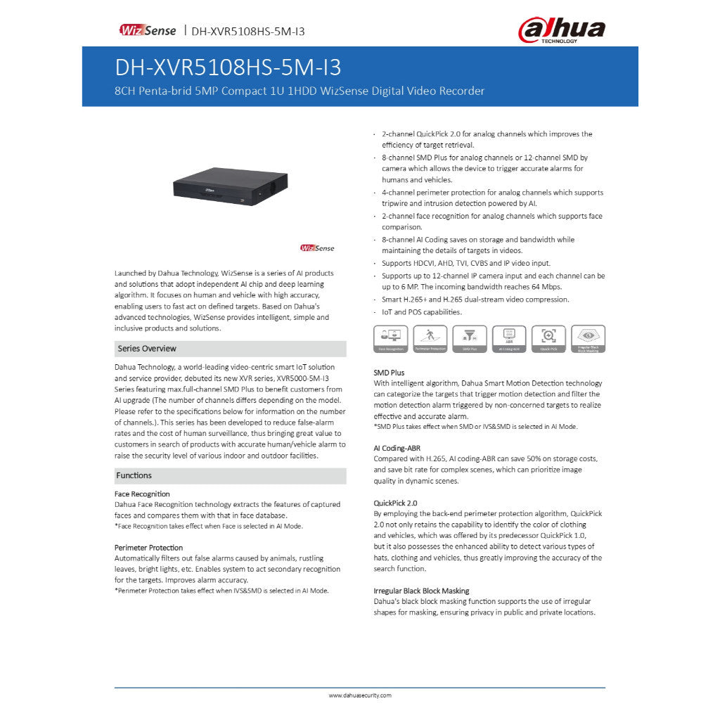 DAHUA XVR5108HS-5M-I3 เครื่องบันทึกภาพกล้องวงจรปิด 8-CH 5 MP 1 HDD Digital Video Recorder