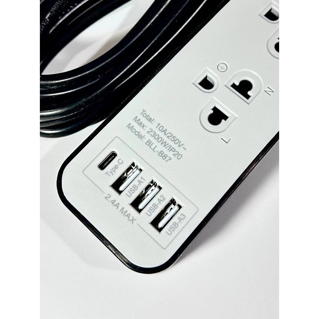 BLL B38 GY ปลั๊กไฟาง 3 หัวปลั๊ก มอก รางปลั๊กไฟ 4ช่อง 1สวิตต์ 5 เมตร 3USB + 1 Type C