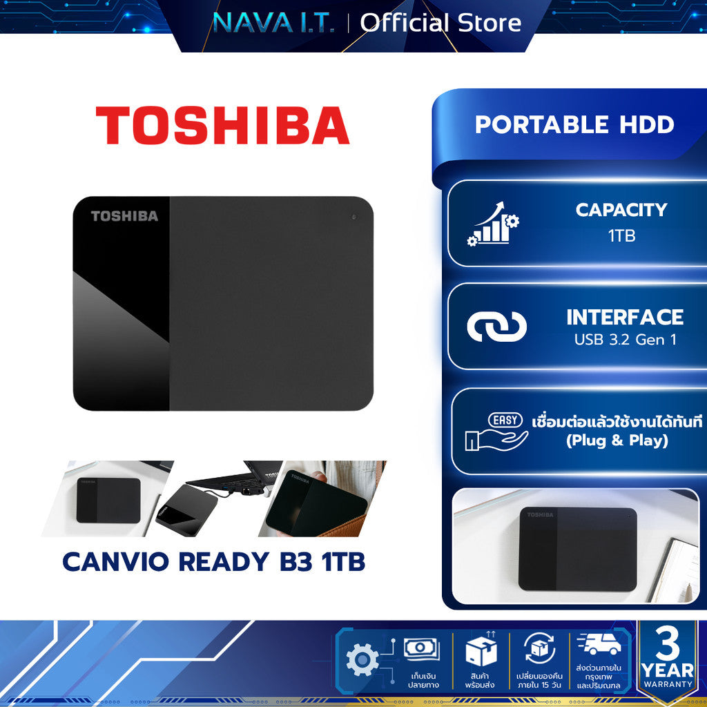 TOSHIBA PORTABLE HDD (ฮาร์ดดิสพกพา) CANVIO READY B3 1TB USB 3.2 GEN1 (BLACK) (HDTP310AK3AA) W. 3 Y.