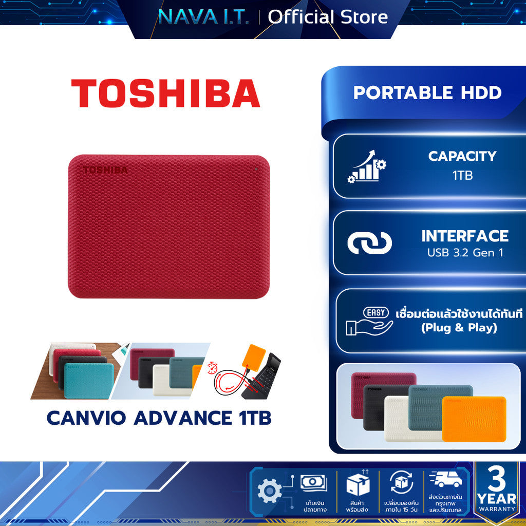 TOSHIBA PORTABLE HDD (ฮาร์ดดิสพกพา) CANVIO ADVANCE 1TB USB 3.2 GEN 1 (RED) (HDTCA10AR3AA) W. 3 Y.