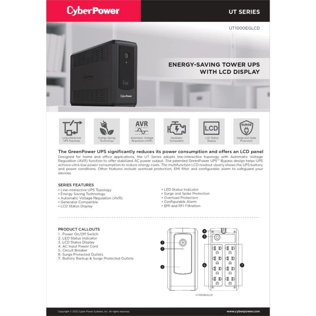 CyberPower USP เครื่องสำรองไฟฟ้า UT1000EGLCD 1000VA/550W รับประกัน 2 ปี
