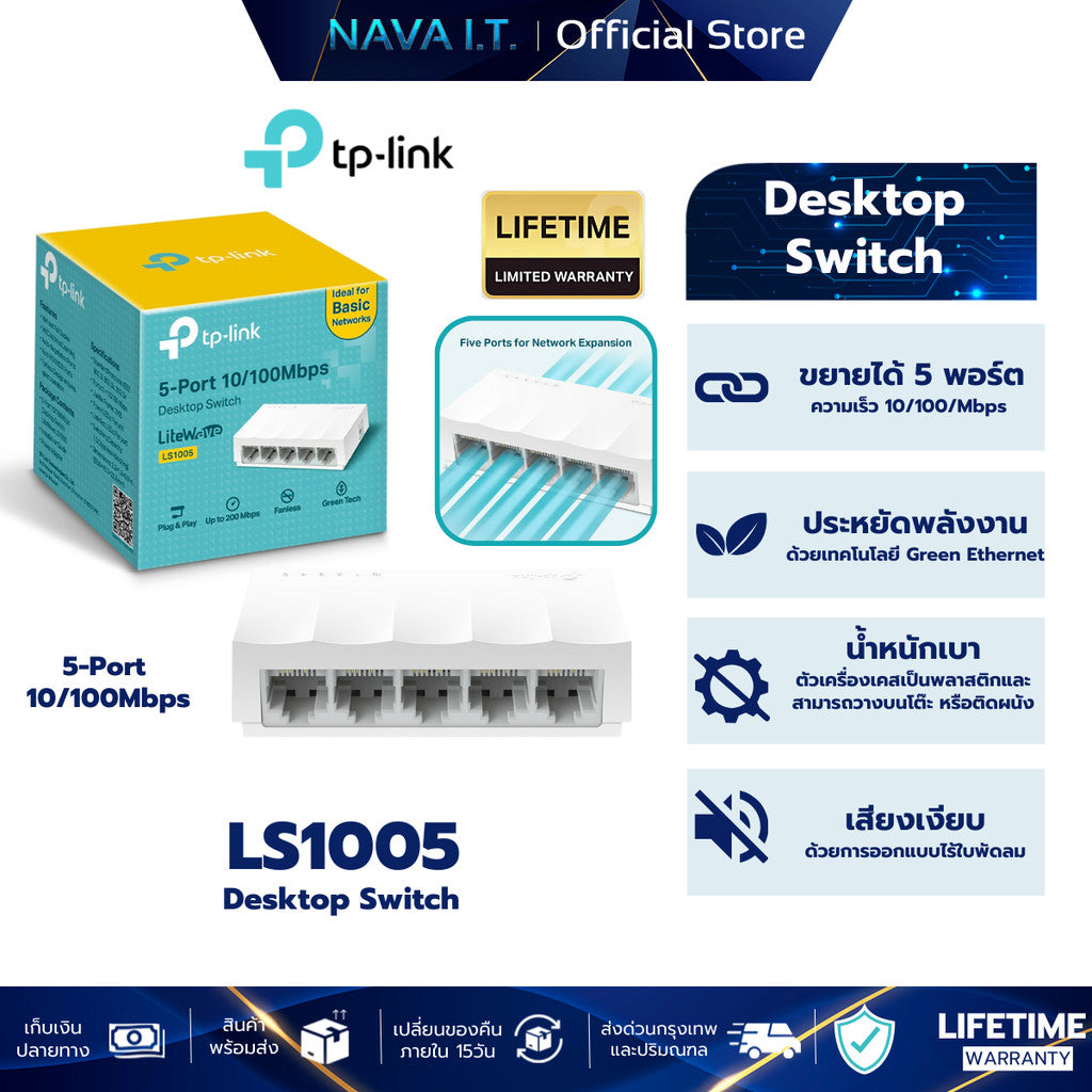 TP-LINK LS1005 5-Port 10/100Mbps Desktop Switch รับประกันศูนย์ไทย